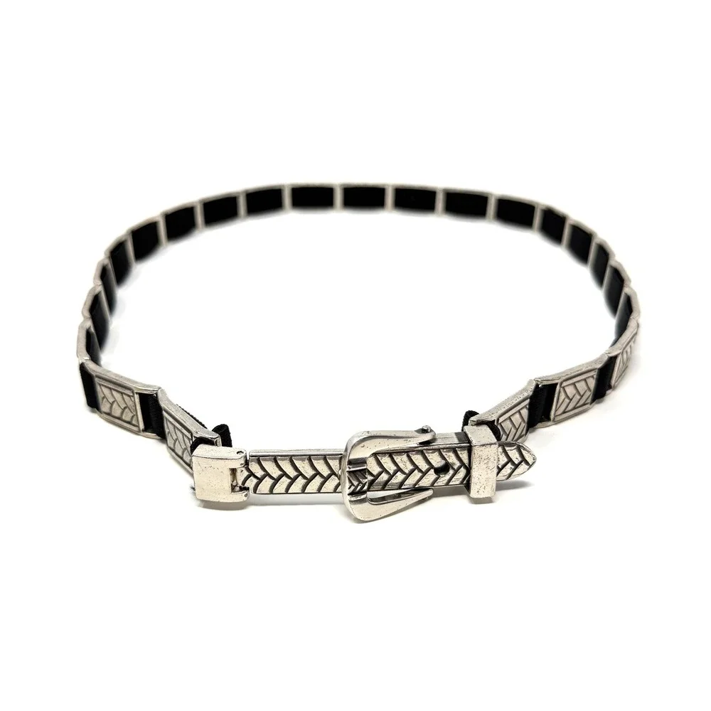 Chico's Large Elastic Stretch Belt Black Silver Tone Metal Size L‎